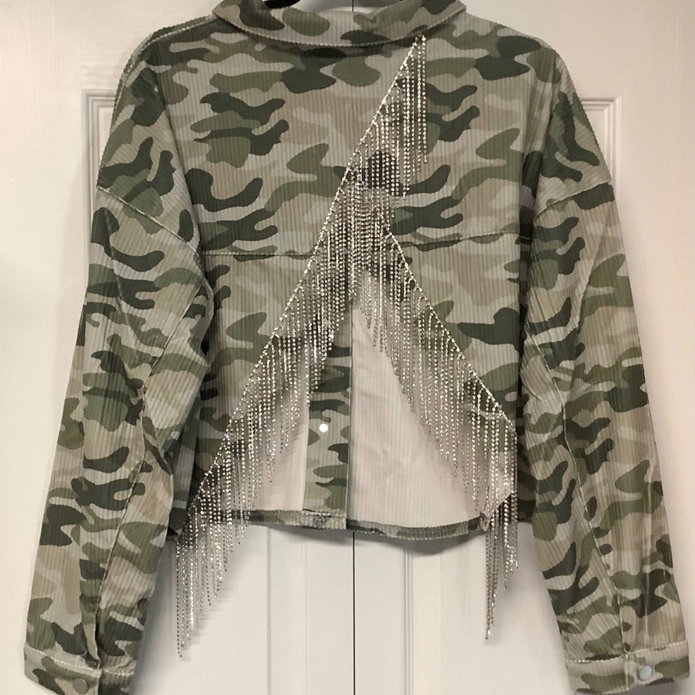 Savanna Jane Green Camo Bomber Jacket with Silver Fringe 🆕 - Picture 1 of 4